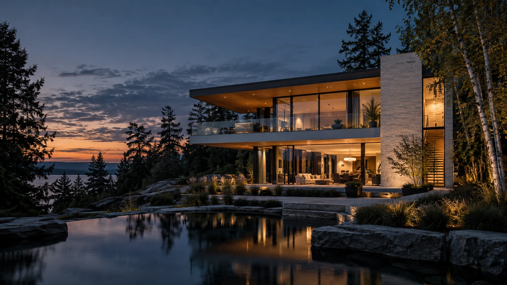 An illuminated contemporary stone and glass home overlooking a reflecting pool at dusk