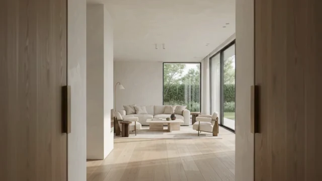 AI concept of an ivory living room with a cream sofa and garden windows